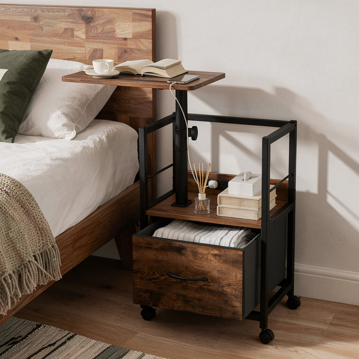 Keelian Rolling Nightstand with Charging Station, Height Adjustable Rotating Side Table with Fabric Drawer and Open Shelf, Rustic Brown
