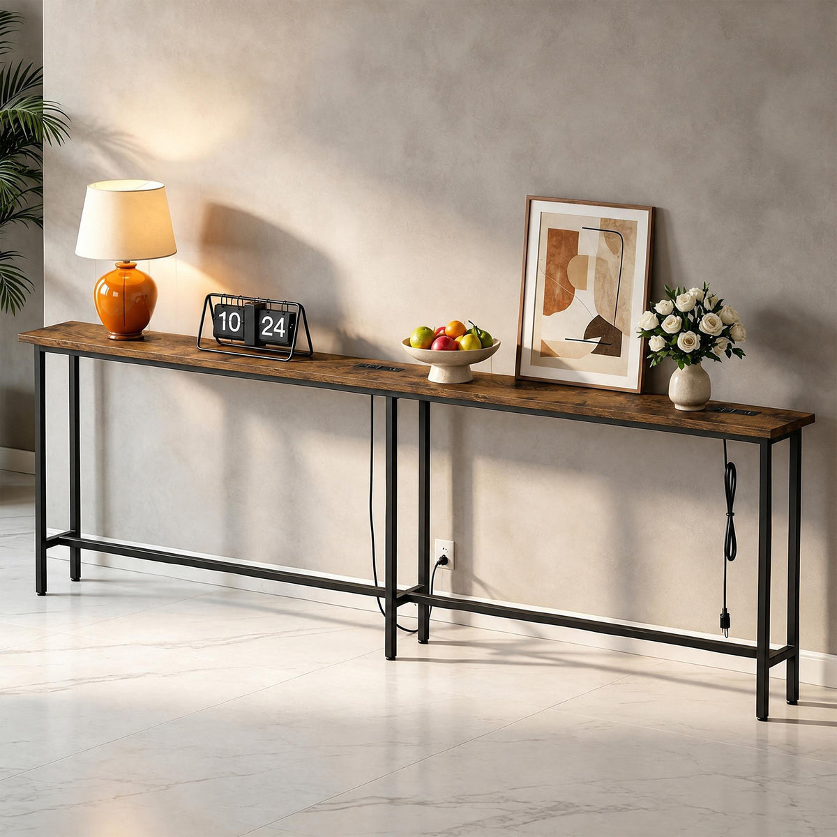 Keelian 110 inch Narrow Behind Couch Table with Built‑in Power Strip, Metal Frame Skinny Console Table for Living Room, Entryway and Home Office, Rustic Brown