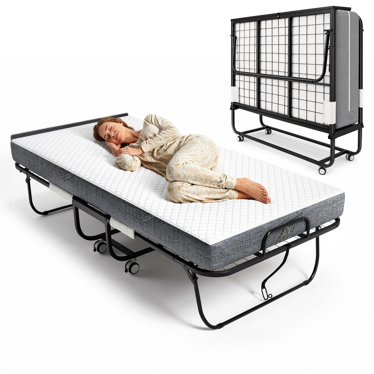 Keelian 75"x46" Rollaway Folding Bed on wheels with Memory Foam Mattress, Sturdy Metal Frame Portable Space-Saving Hideaway Guest Bed for Adults, Small Apartment