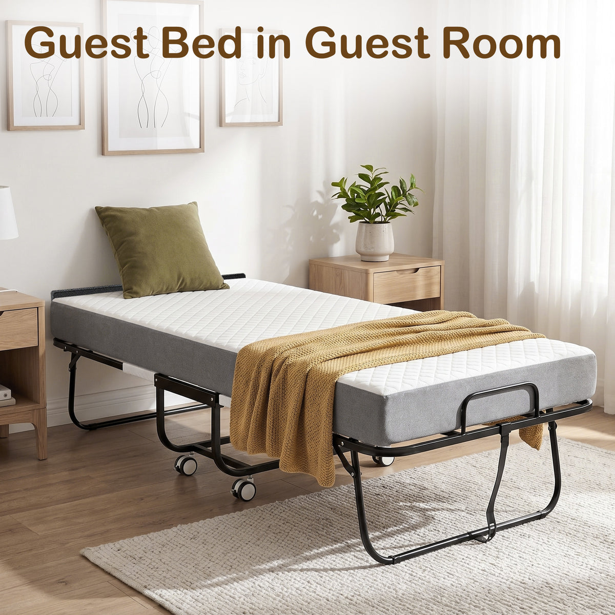 Keelian 75"x46" Rollaway Folding Bed on wheels with Memory Foam Mattress, Sturdy Metal Frame Portable Space-Saving Hideaway Guest Bed for Adults, Small Apartment