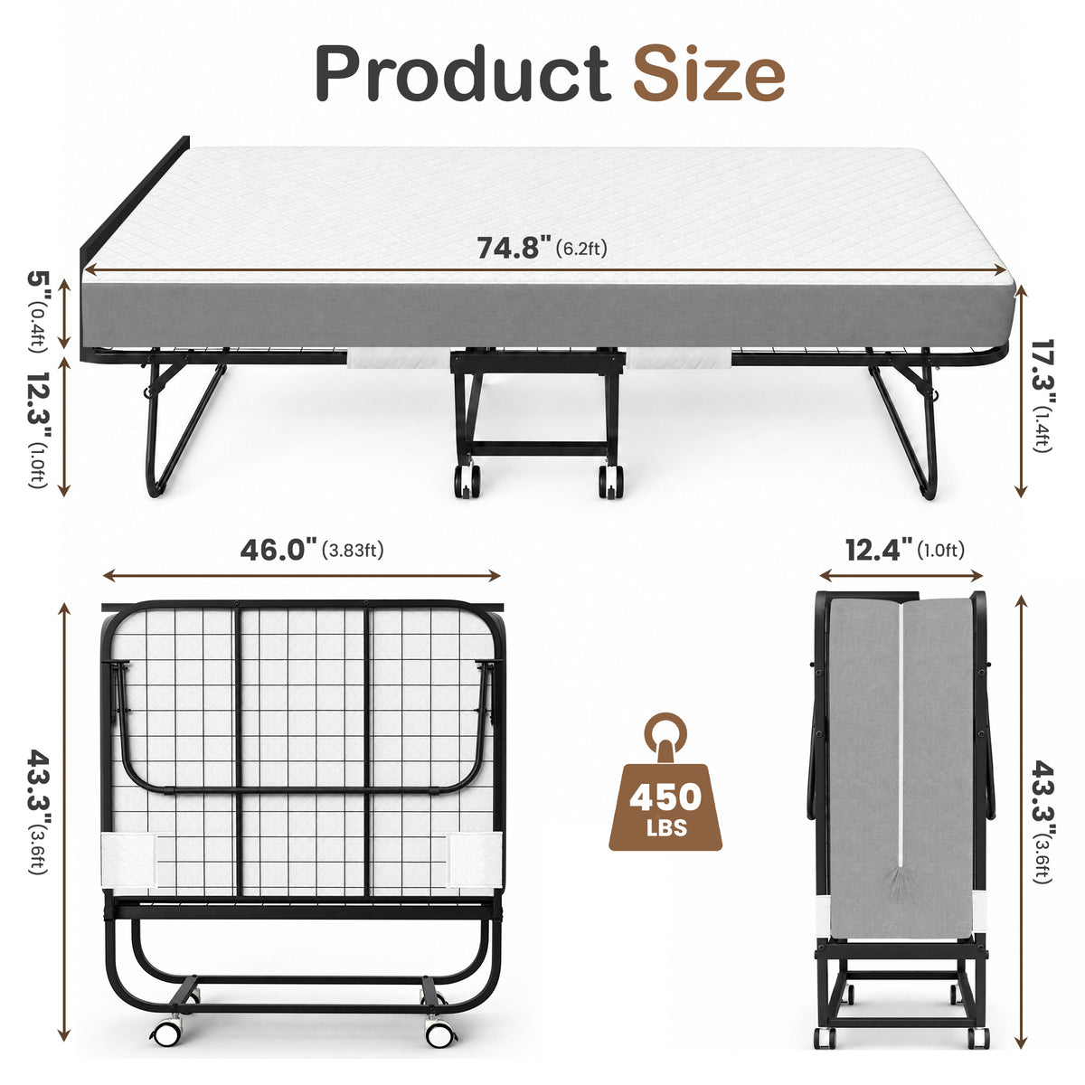 Keelian 75"x46" Rollaway Folding Bed on wheels with Memory Foam Mattress, Sturdy Metal Frame Portable Space-Saving Hideaway Guest Bed for Adults, Small Apartment