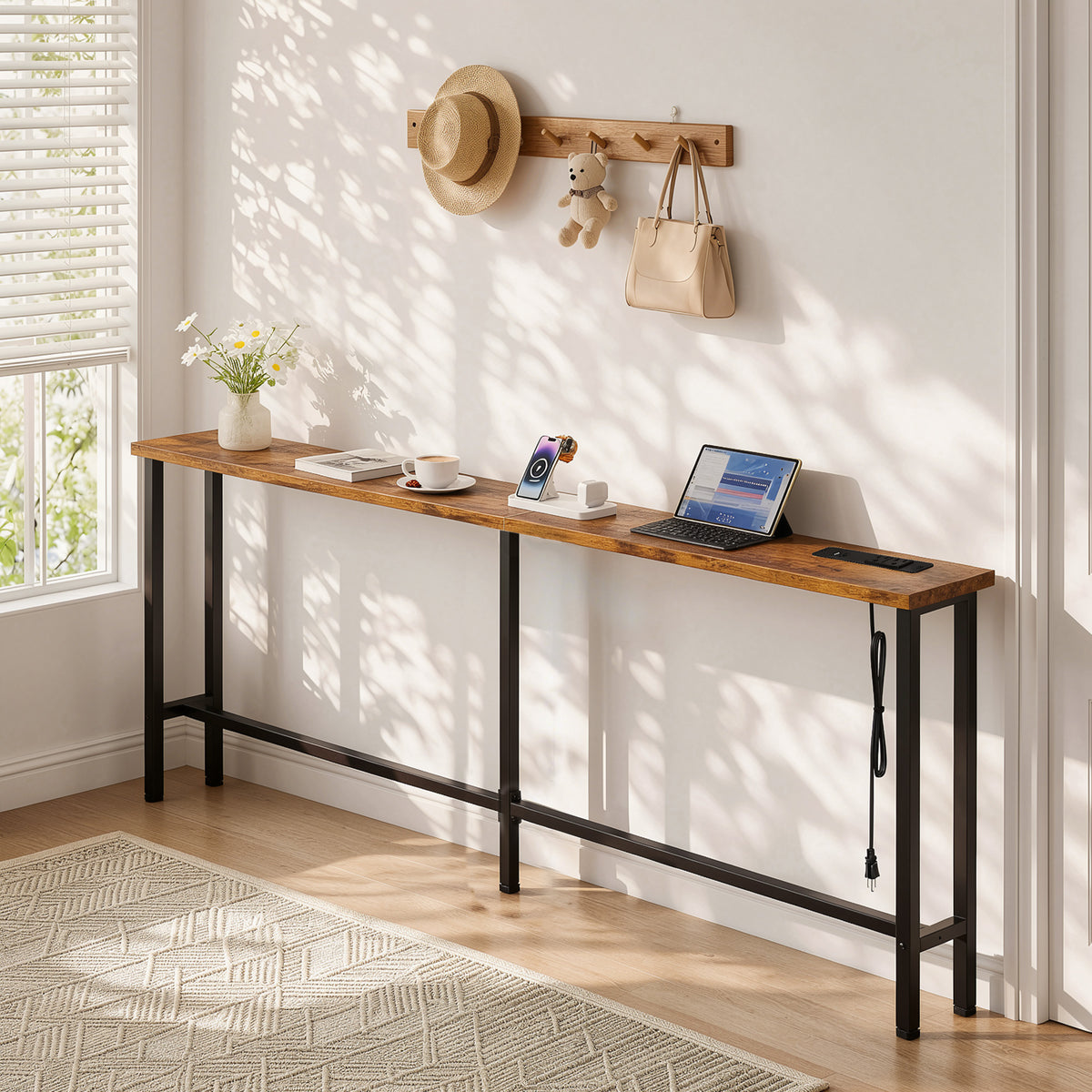 Keelian 63 inch Narrow Behind Couch Table with Built‑in Power Strip, Metal Frame Skinny Console Table for Living Room, Entryway and Home Office, Rustic Brown