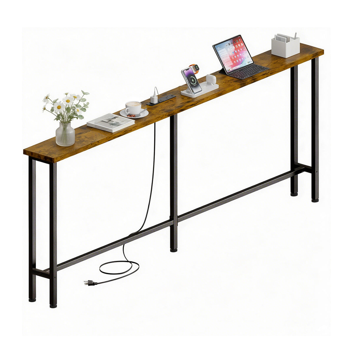 Keelian 63 inch Narrow Behind Couch Table with Built‑in Power Strip, Metal Frame Skinny Console Table for Living Room, Entryway and Home Office, Rustic Brown