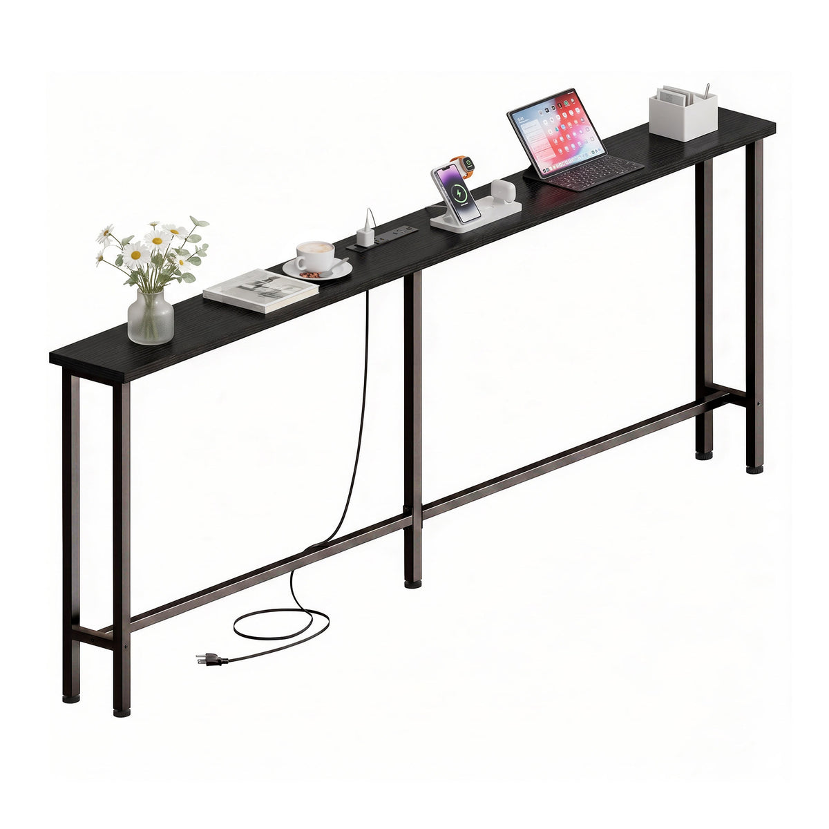Keelian 70 inch Narrow Behind Couch Table with Built‑in Power Strip, Metal Frame Skinny Console Table for Living Room, Entryway and Home Office, Black