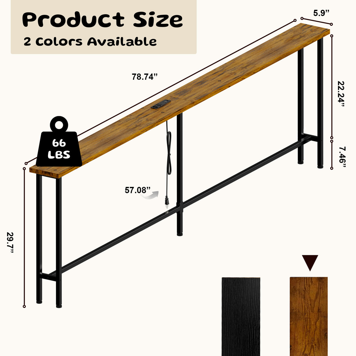 Keelian 78 inch Narrow Behind Couch Table with Built‑in Power Strip, Metal Frame Skinny Console Table for Living Room, Entryway and Home Office, Rustic Brown