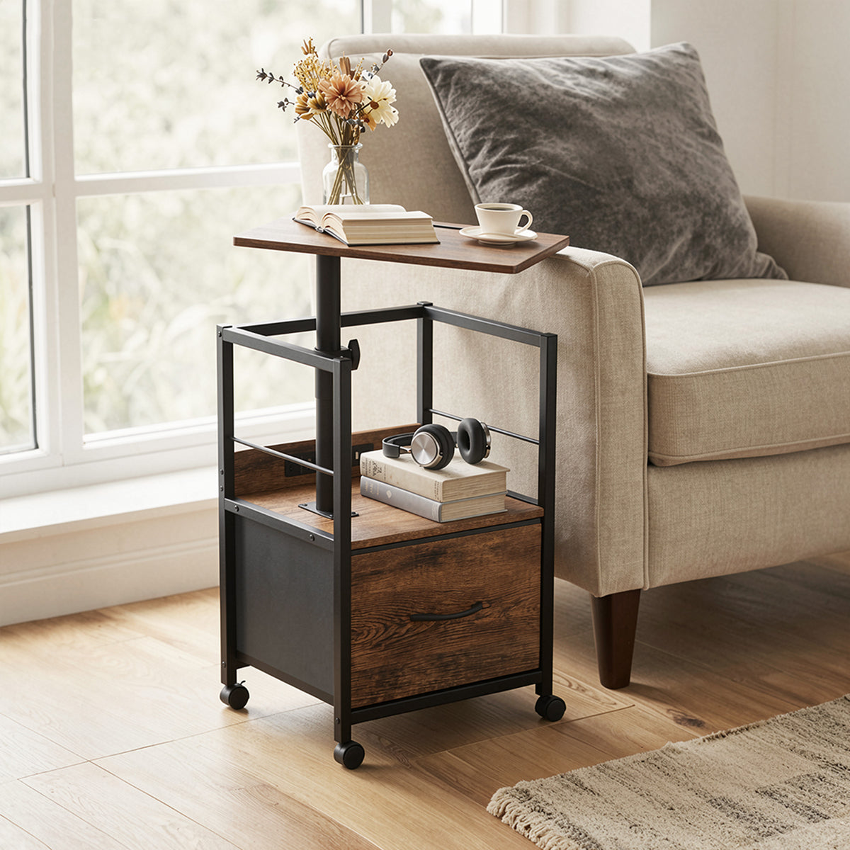 Keelian Rolling Nightstand with Charging Station, Height Adjustable Rotating Side Table with Fabric Drawer and Open Shelf, Rustic Brown