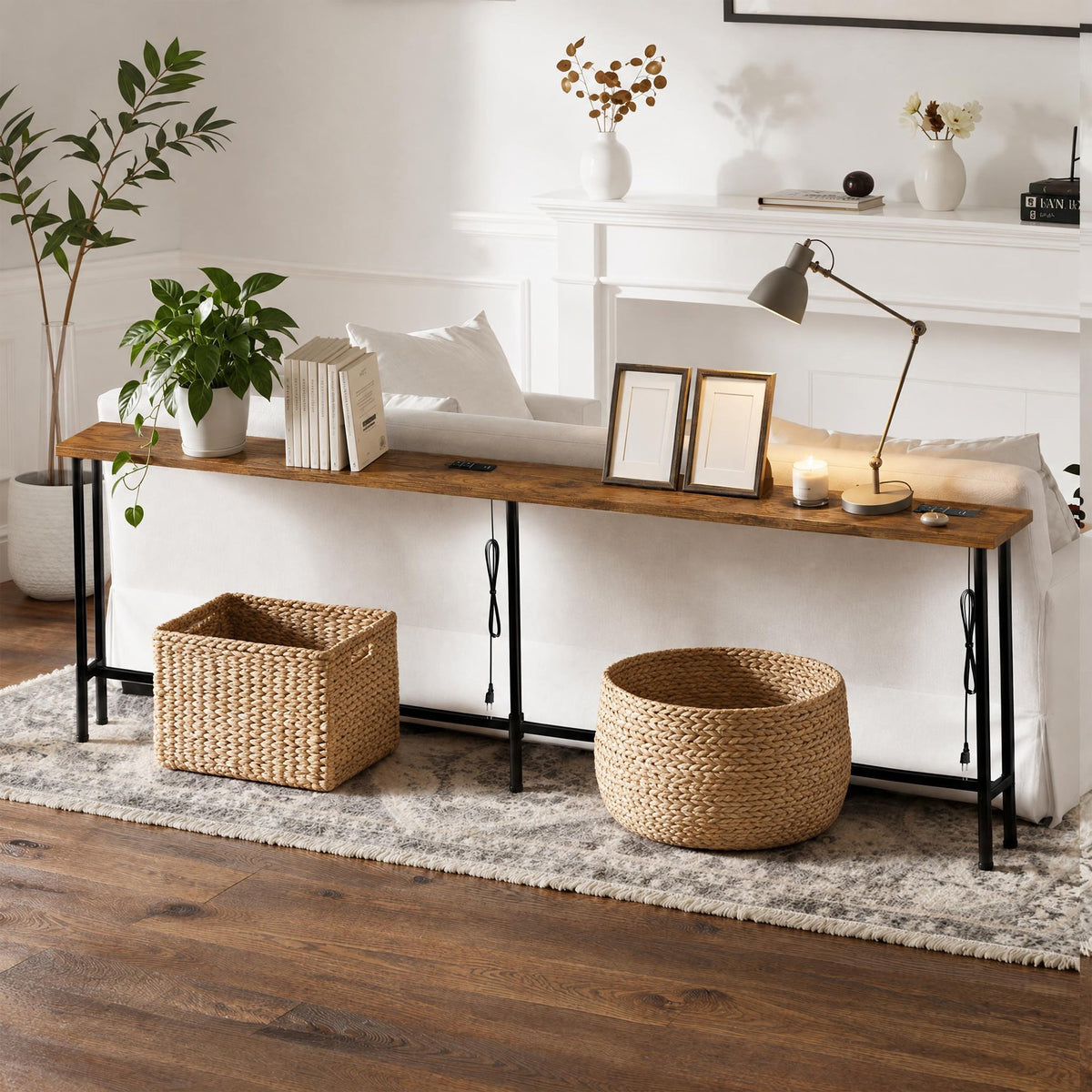 Keelian 90 inch Narrow Behind Couch Table with Built‑in Power Strip, Metal Frame Skinny Console Table for Living Room, Entryway and Home Office, Rustic Brown