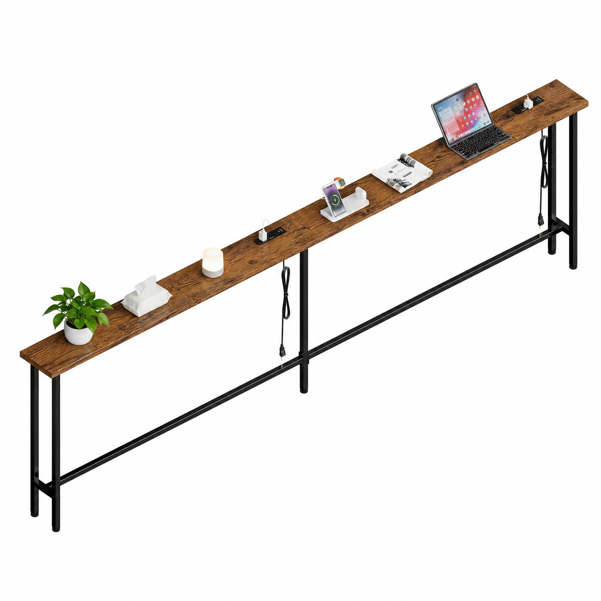 Keelian 90 inch Narrow Behind Couch Table with Built‑in Power Strip, Metal Frame Skinny Console Table for Living Room, Entryway and Home Office, Rustic Brown