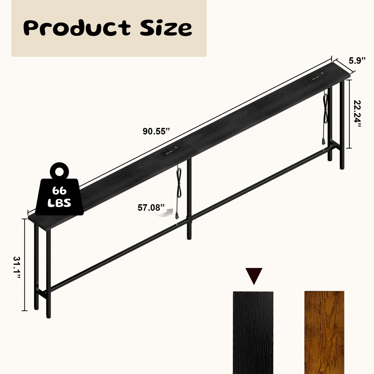 Keelian 90 inch Narrow Behind Couch Table with Built‑in Power Strip, Metal Frame Skinny Console Table for Living Room, Entryway and Home Office, Black
