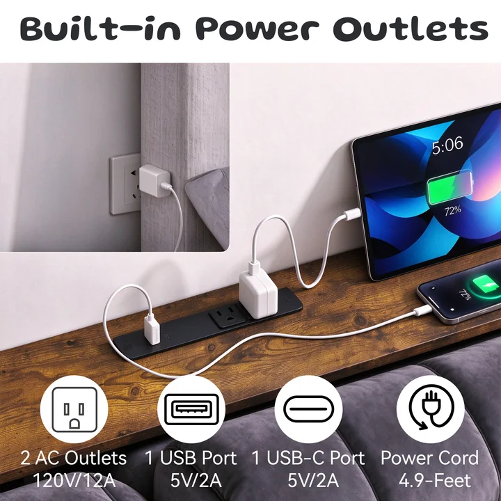 Keelian 63 inch Narrow Behind Couch Table with Built‑in Power Strip, Metal Frame Skinny Console Table for Living Room, Entryway and Home Office, Rustic Brown