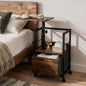 Keelian Rolling Nightstand with Charging Station, Height Adjustable Rotating Side Table with Fabric Drawer and Open Shelf, Rustic Brown