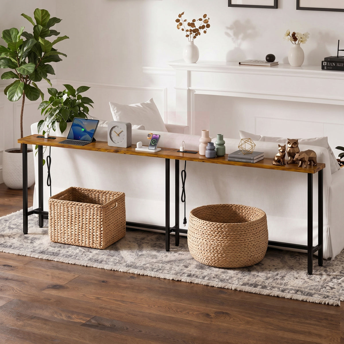 Keelian 102 inch Narrow Behind Couch Table with Built‑in Power Strip, Metal Frame Skinny Console Table for Living Room, Entryway and Home Office, Rustic Brown
