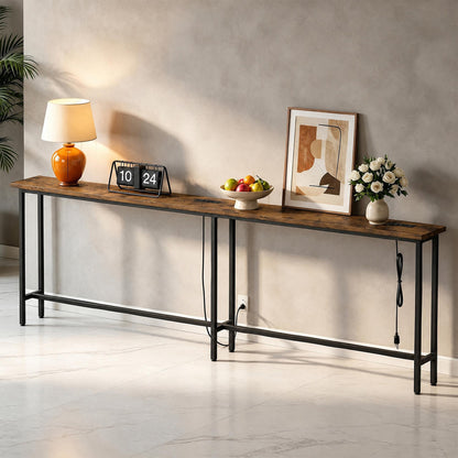 Keelian 110 inch Narrow Behind Couch Table with Built‑in Power Strip, Metal Frame Skinny Console Table for Living Room, Entryway and Home Office, Rustic Brown