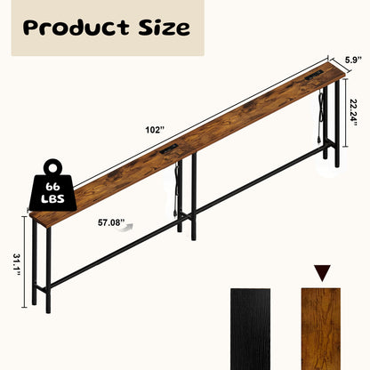 Keelian 102 inch Narrow Behind Couch Table with Built‑in Power Strip, Metal Frame Skinny Console Table for Living Room, Entryway and Home Office, Rustic Brown