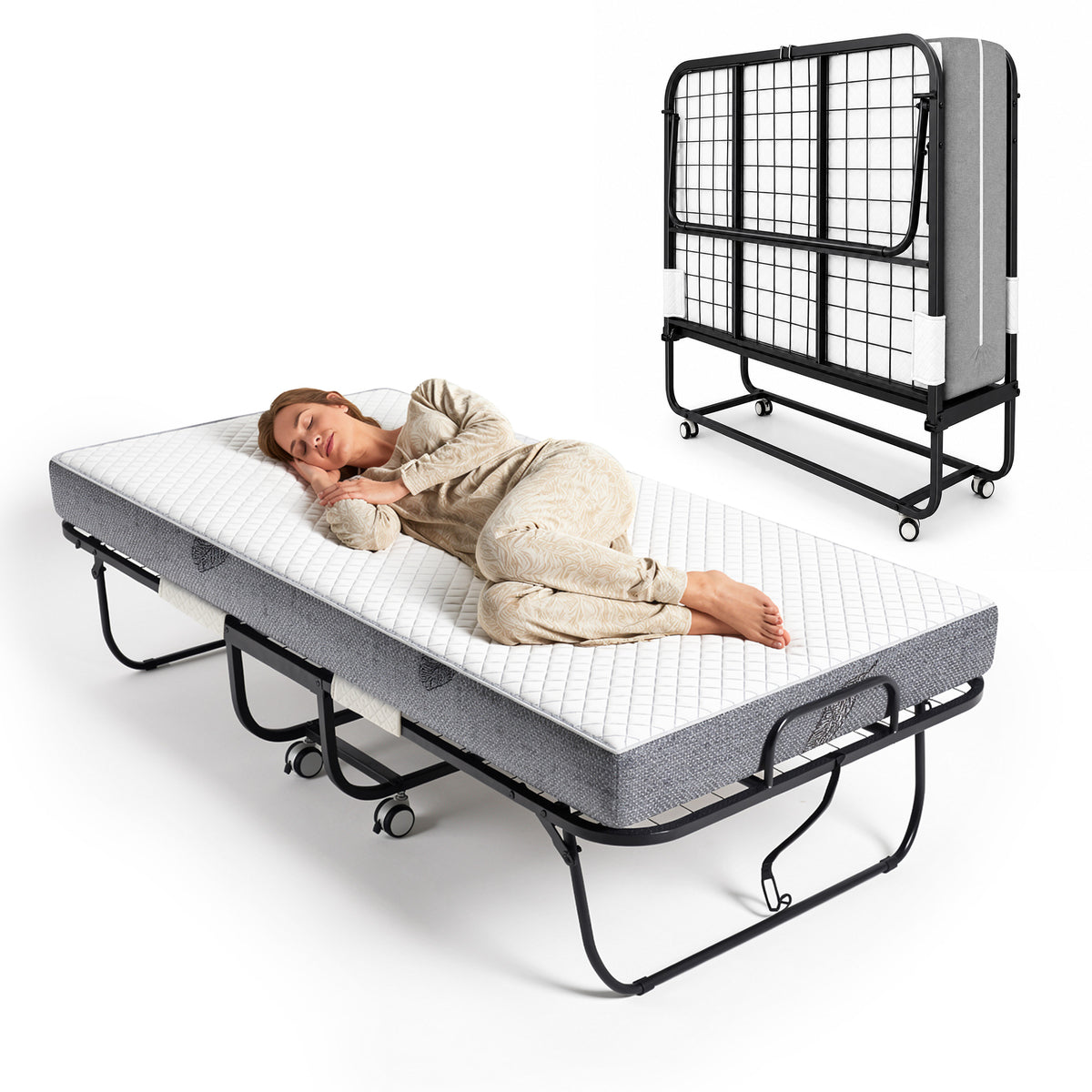 Keelian 75"x38" Rollaway Folding Bed on wheels with Memory Foam Mattress, Sturdy Metal Frame Portable Space-Saving Hideaway Guest Bed for Adults, Small Apartment