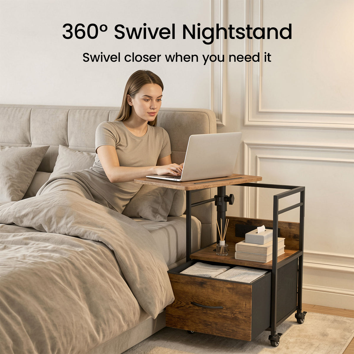 Keelian Rolling Nightstand with Charging Station, Height Adjustable Rotating Side Table with Fabric Drawer and Open Shelf, Rustic Brown