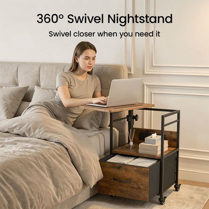 Keelian Rolling Nightstand with Charging Station, Height Adjustable Rotating Side Table with Fabric Drawer and Open Shelf, Rustic Brown