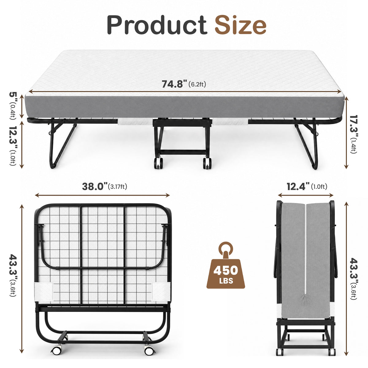 Keelian 75"x38" Rollaway Folding Bed on wheels with Memory Foam Mattress, Sturdy Metal Frame Portable Space-Saving Hideaway Guest Bed for Adults, Small Apartment