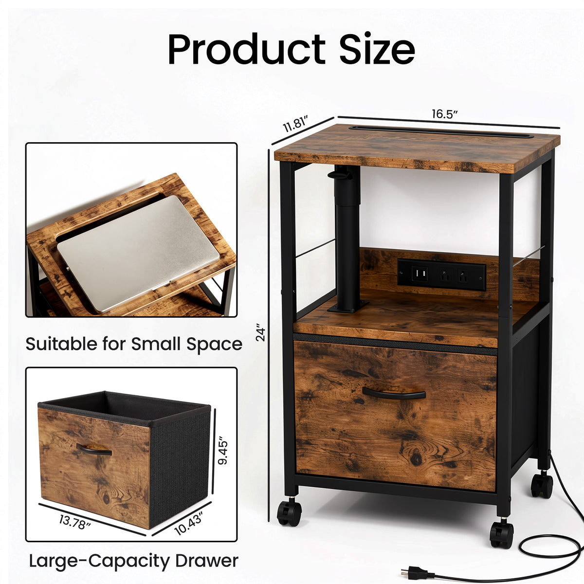 Keelian Rolling Nightstand with Charging Station, Height Adjustable Rotating Side Table with Fabric Drawer and Open Shelf, Rustic Brown
