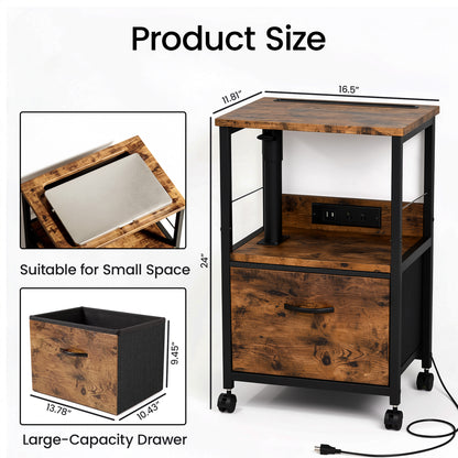 Keelian Rolling Nightstand with Charging Station, Height Adjustable Rotating Side Table with Fabric Drawer and Open Shelf, Rustic Brown