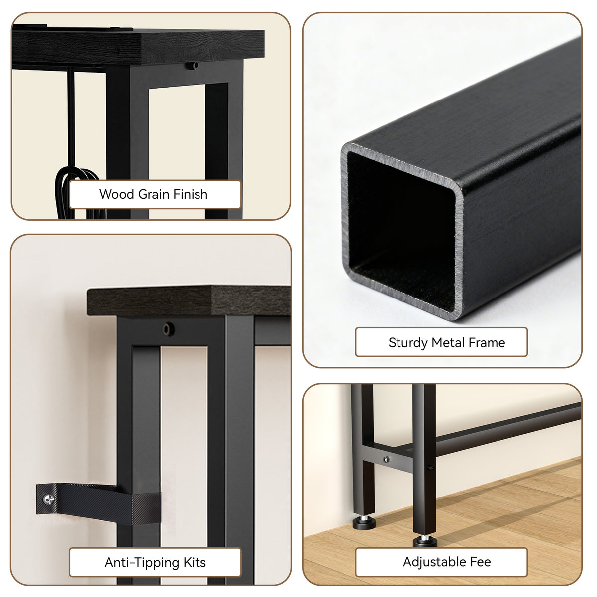 Keelian 70 inch Narrow Behind Couch Table with Built‑in Power Strip, Metal Frame Skinny Console Table for Living Room, Entryway and Home Office, Black