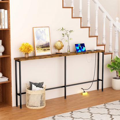 Keelian 78 inch Narrow Behind Couch Table with Built‑in Power Strip, Metal Frame Skinny Console Table for Living Room, Entryway and Home Office, Rustic Brown