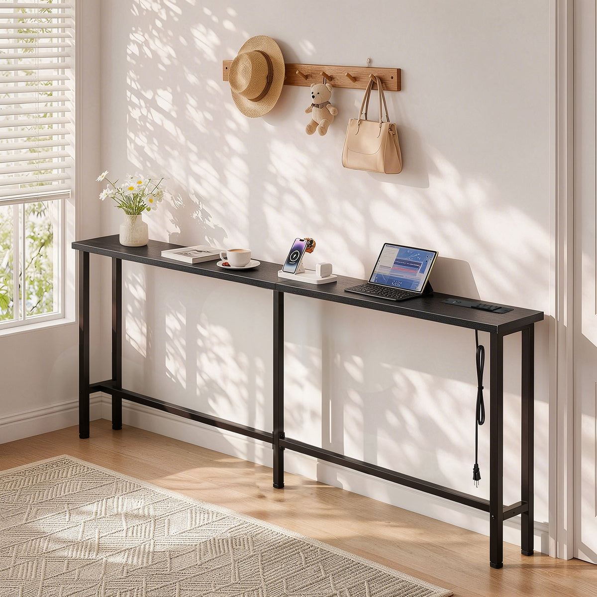 Keelian 70 inch Narrow Behind Couch Table with Built‑in Power Strip, Metal Frame Skinny Console Table for Living Room, Entryway and Home Office, Black