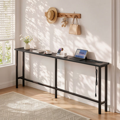 Keelian 70 inch Narrow Behind Couch Table with Built‑in Power Strip, Metal Frame Skinny Console Table for Living Room, Entryway and Home Office, Black