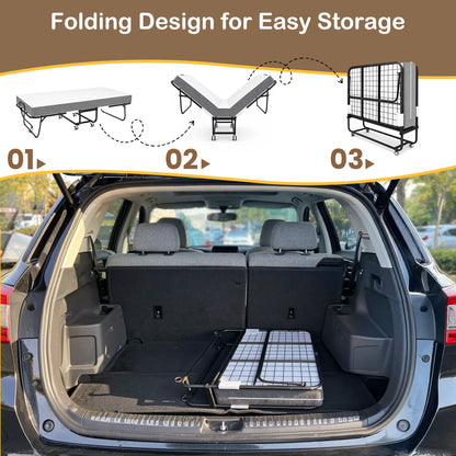Keelian 75"x46" Rollaway Folding Bed on wheels with Memory Foam Mattress, Sturdy Metal Frame Portable Space-Saving Hideaway Guest Bed for Adults, Small Apartment