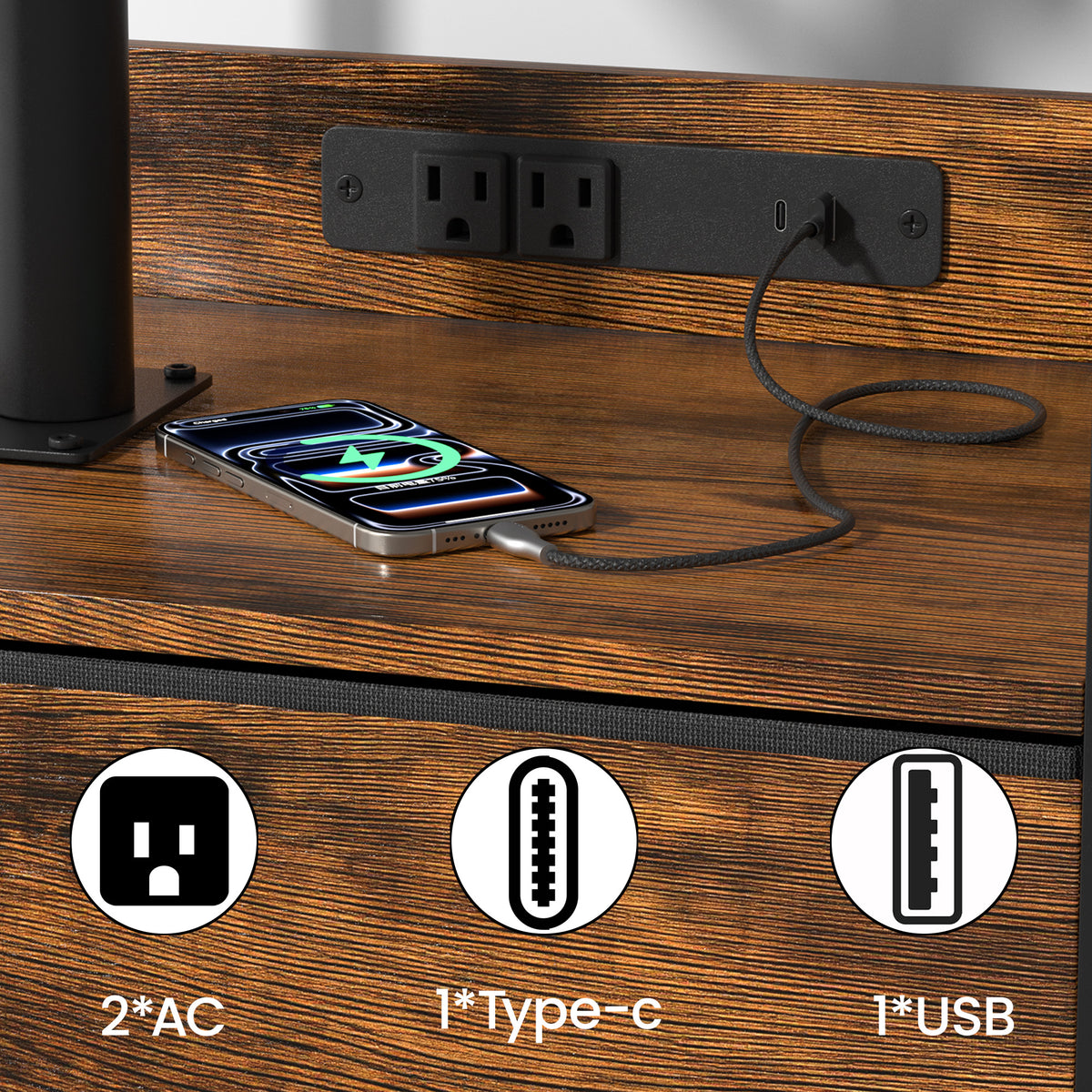 Keelian Rolling Nightstand with Charging Station, Height Adjustable Rotating Side Table with Fabric Drawer and Open Shelf, Rustic Brown