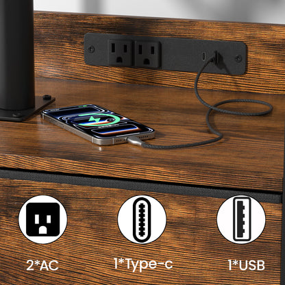 Keelian Rolling Nightstand with Charging Station, Height Adjustable Rotating Side Table with Fabric Drawer and Open Shelf, Rustic Brown