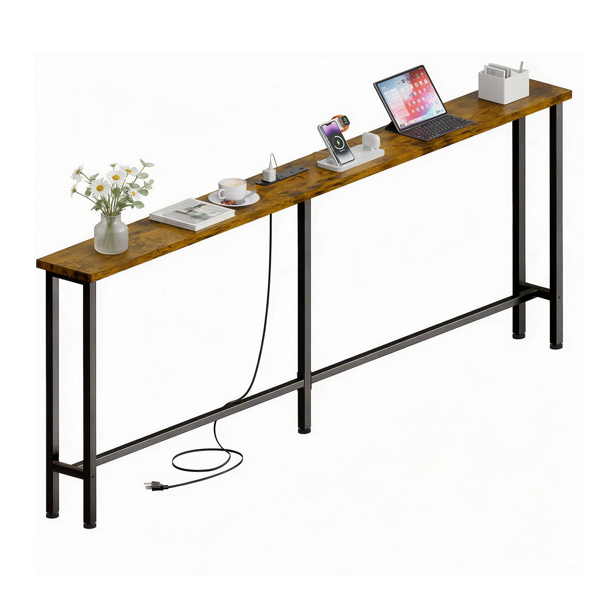 Keelian 70 inch Narrow Behind Couch Table with Built‑in Power Strip, Long Sofa Table with [2 AC & 2 USB Ports], Metal Frame Skinny Console Table for Living Room, Entryway and Home Office, Rustic Brown