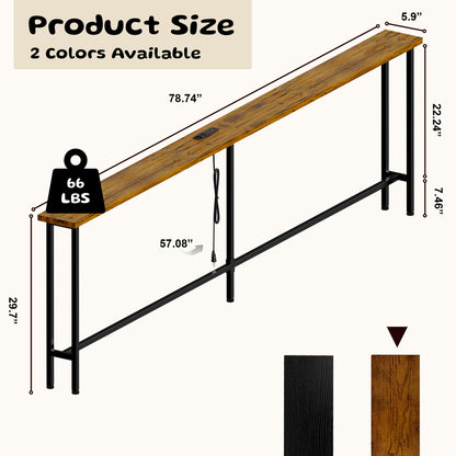 Keelian 78 inch Narrow Behind Couch Table with Built‑in Power Strip, Metal Frame Skinny Console Table for Living Room, Entryway and Home Office, Rustic Brown