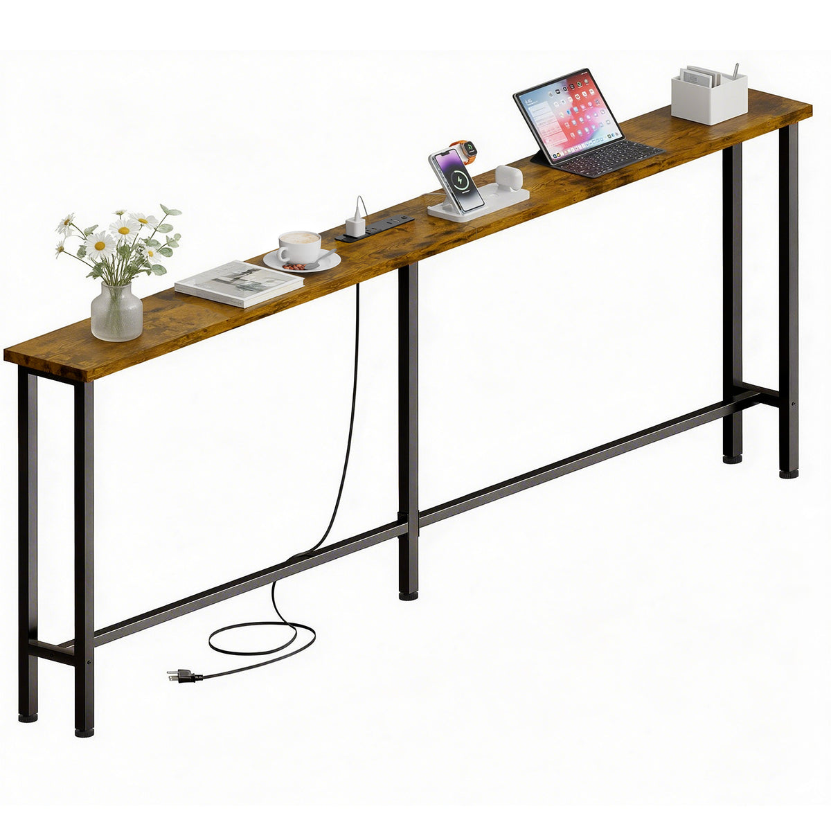 Keelian 78 inch Narrow Behind Couch Table with Built‑in Power Strip, Metal Frame Skinny Console Table for Living Room, Entryway and Home Office, Rustic Brown