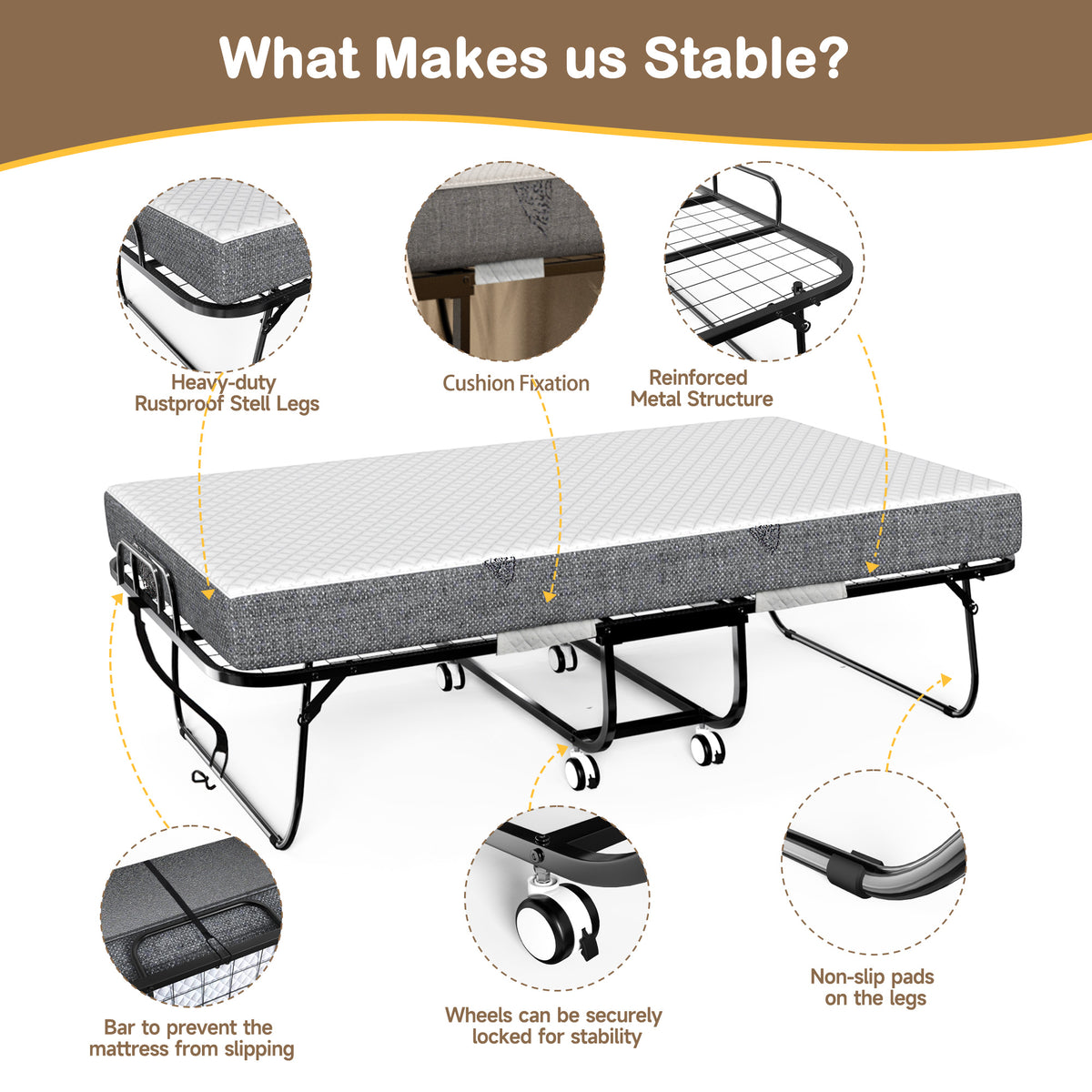 Keelian 75"x38" Rollaway Folding Bed on wheels with Memory Foam Mattress, Sturdy Metal Frame Portable Space-Saving Hideaway Guest Bed for Adults, Small Apartment