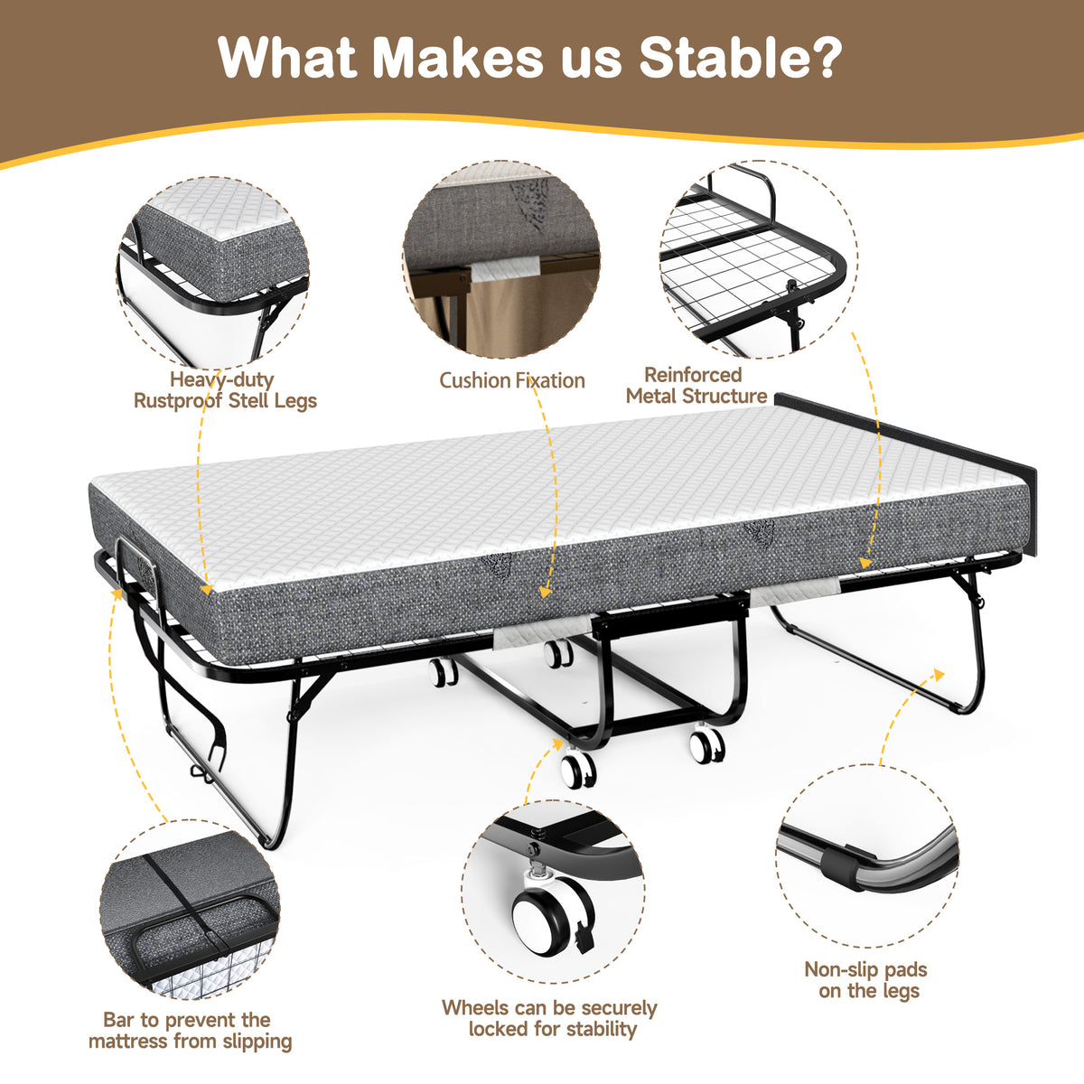 Keelian 75"x46" Rollaway Folding Bed on wheels with Memory Foam Mattress, Sturdy Metal Frame Portable Space-Saving Hideaway Guest Bed for Adults, Small Apartment