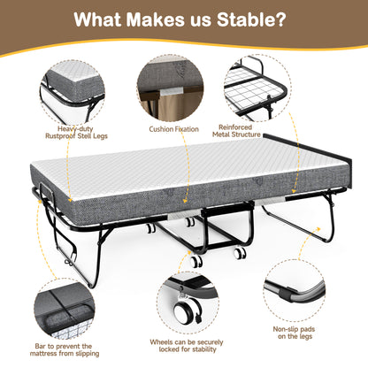 Keelian 75"x46" Rollaway Folding Bed on wheels with Memory Foam Mattress, Sturdy Metal Frame Portable Space-Saving Hideaway Guest Bed for Adults, Small Apartment