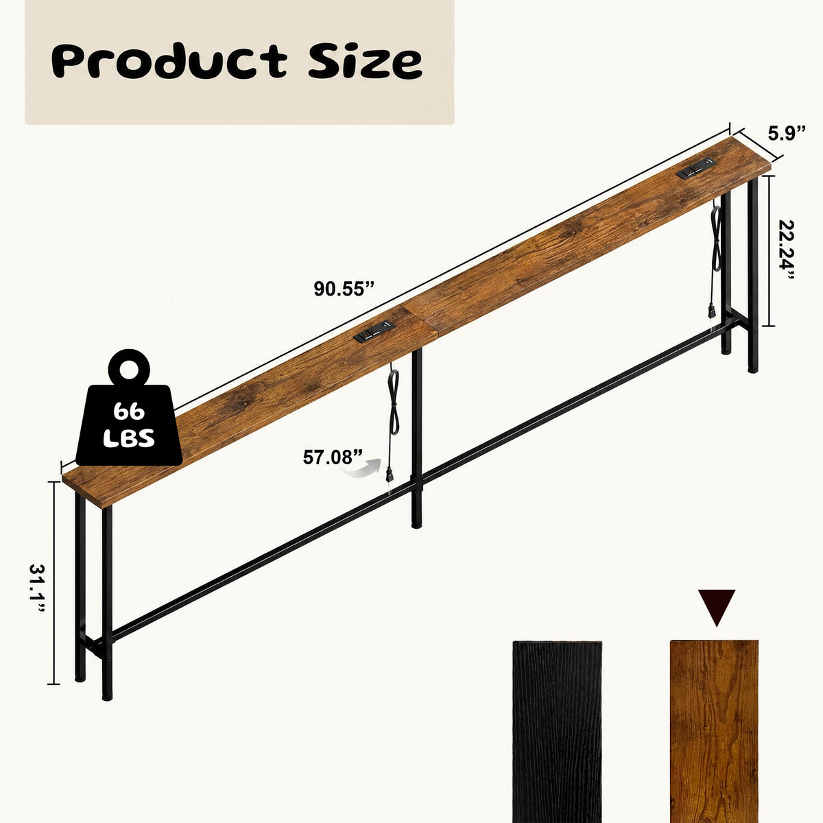 Keelian 90 inch Narrow Behind Couch Table with Built‑in Power Strip, Metal Frame Skinny Console Table for Living Room, Entryway and Home Office, Rustic Brown