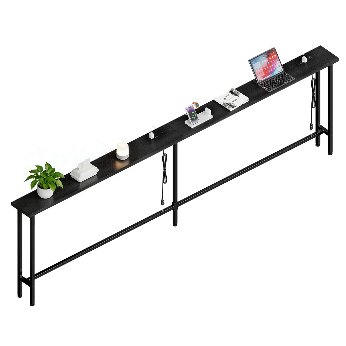 Keelian 90 inch Narrow Behind Couch Table with Built‑in Power Strip, Metal Frame Skinny Console Table for Living Room, Entryway and Home Office, Black