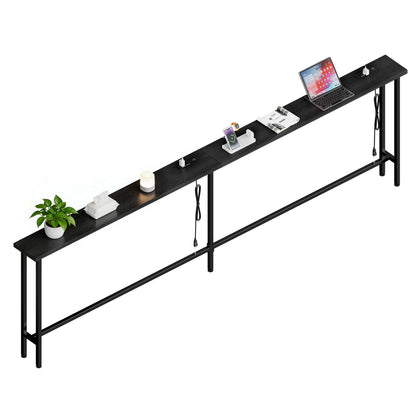Keelian 90 inch Narrow Behind Couch Table with Built‑in Power Strip, Metal Frame Skinny Console Table for Living Room, Entryway and Home Office, Black