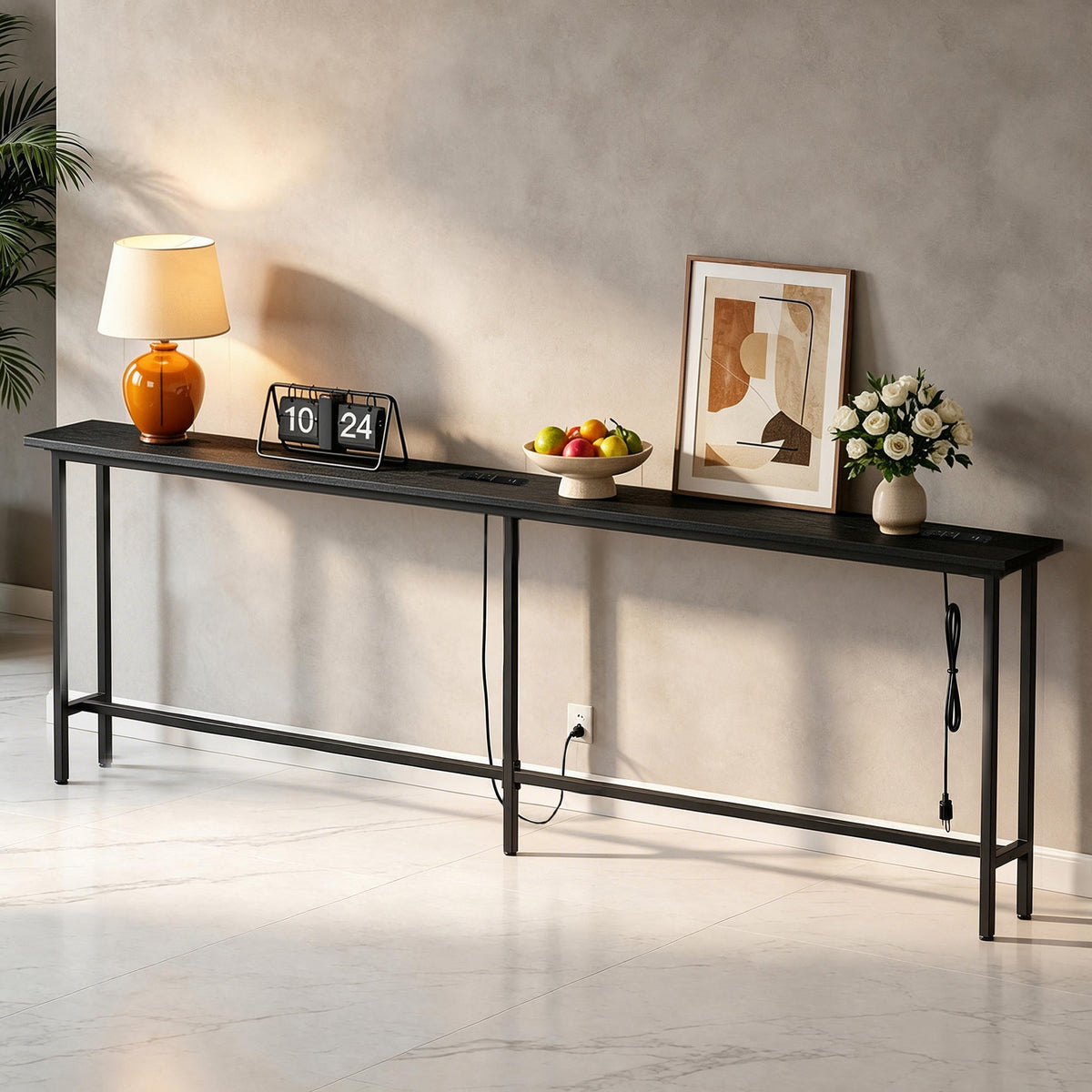 Keelian 90 inch Narrow Behind Couch Table with Built‑in Power Strip, Metal Frame Skinny Console Table for Living Room, Entryway and Home Office, Black