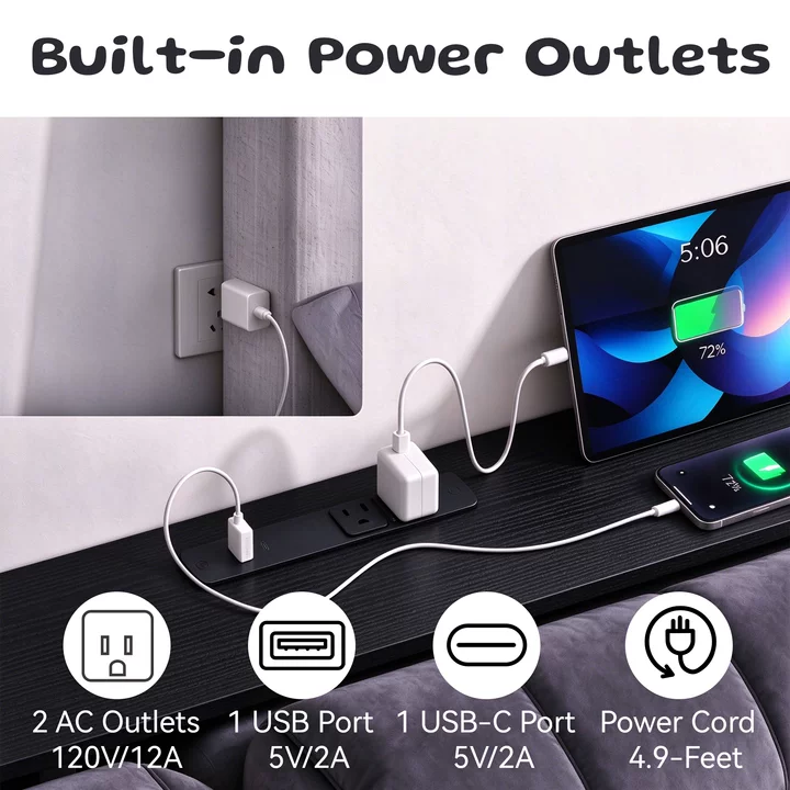 Keelian 70 inch Narrow Behind Couch Table with Built‑in Power Strip, Metal Frame Skinny Console Table for Living Room, Entryway and Home Office, Black