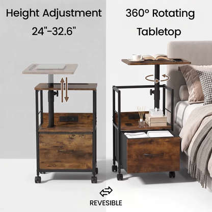 Keelian Rolling Nightstand with Charging Station, Height Adjustable Rotating Side Table with Fabric Drawer and Open Shelf, Rustic Brown